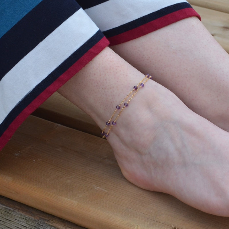 Double Strand Amethyst Anklet in Gold