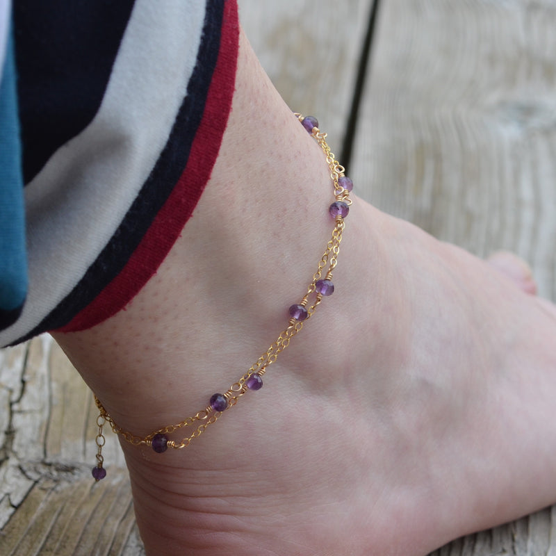Double Strand Amethyst Anklet in Gold