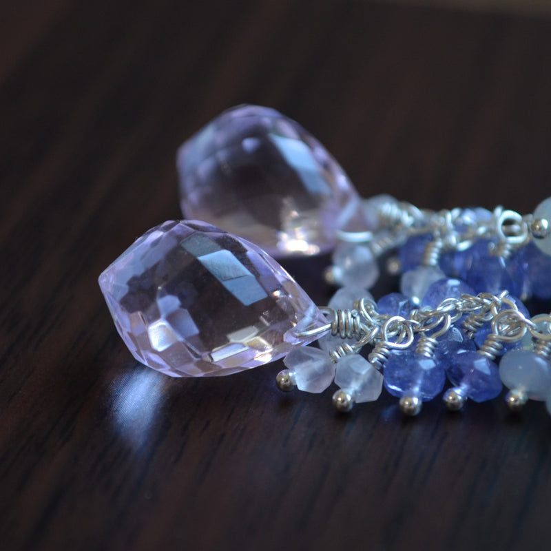 Morganite Quartz Earrings with Opals and Tanzanite