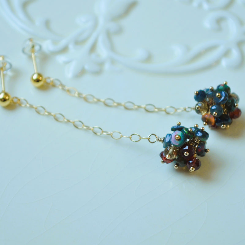 Black Opal Cluster Earrings in Gold