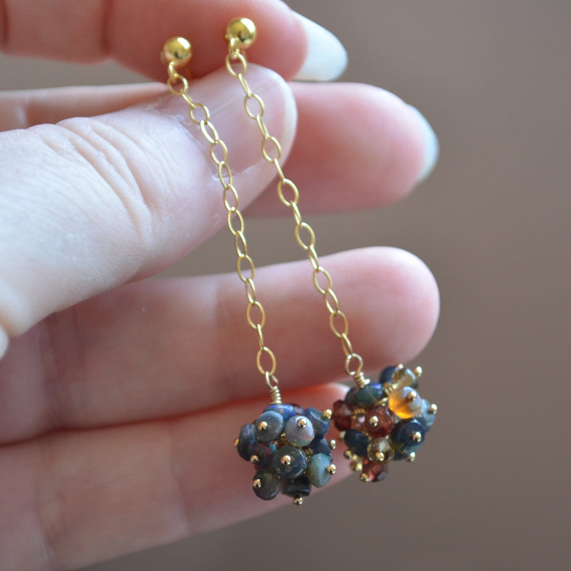 Black Opal Cluster Earrings in Gold