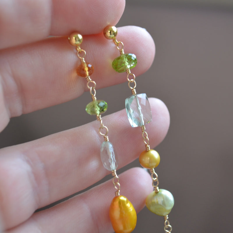 Long Mismatched Earrings with Prehnite and Citrine