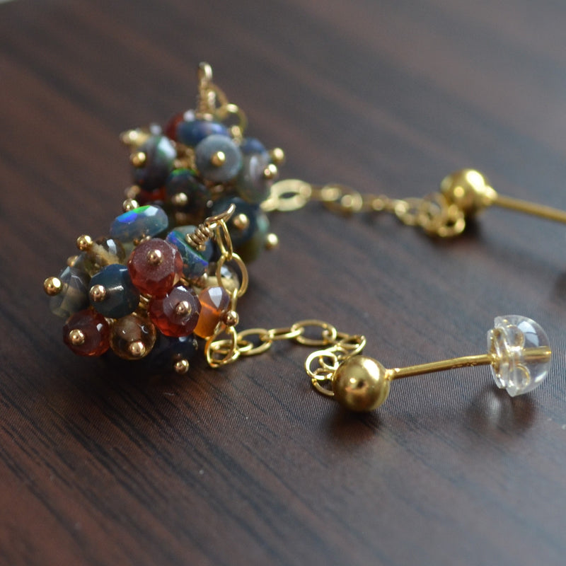 Black Opal Cluster Earrings in Gold