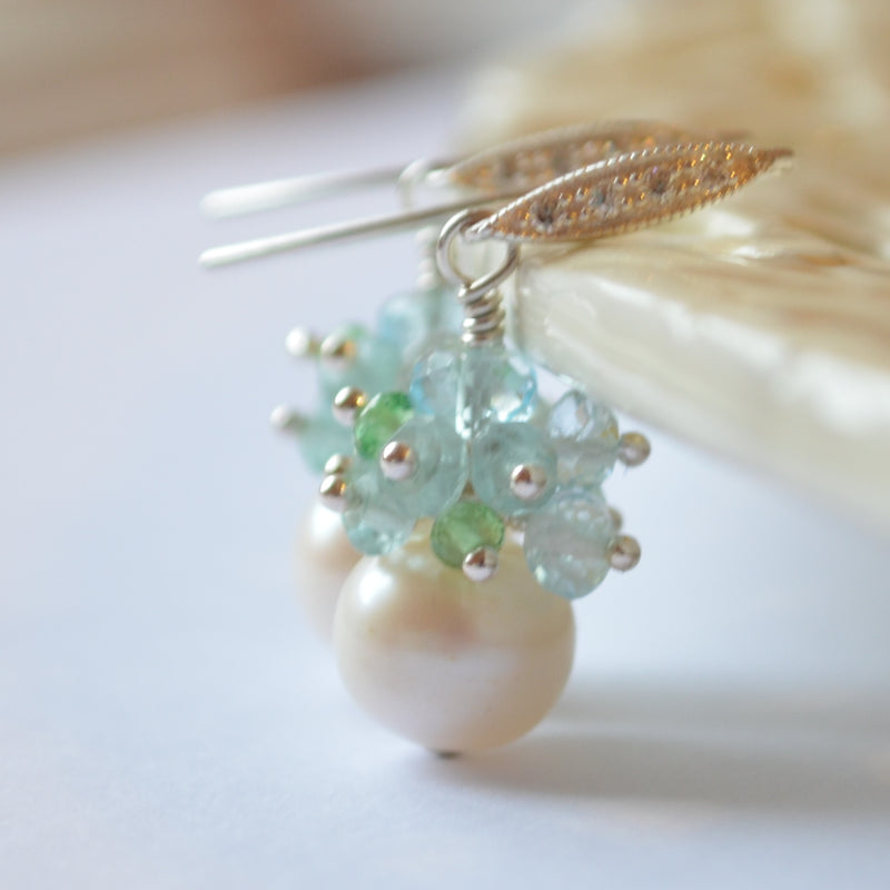 Pearl Bridal Earrings with Aquamarine and Blue Topaz - Shimmer