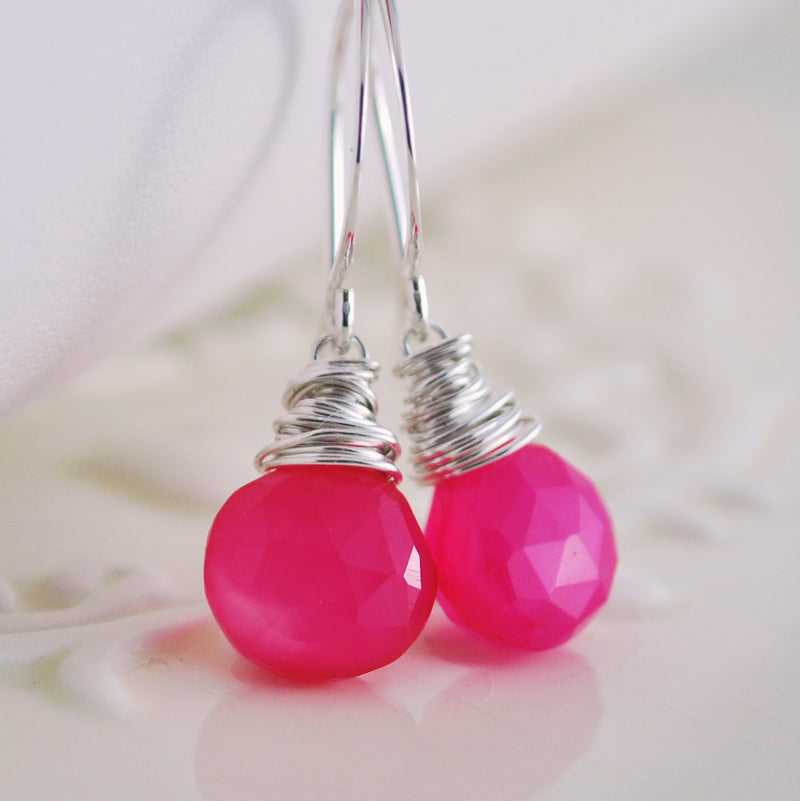 Hot Pink Chalcedony Earrings in Sterling Silver