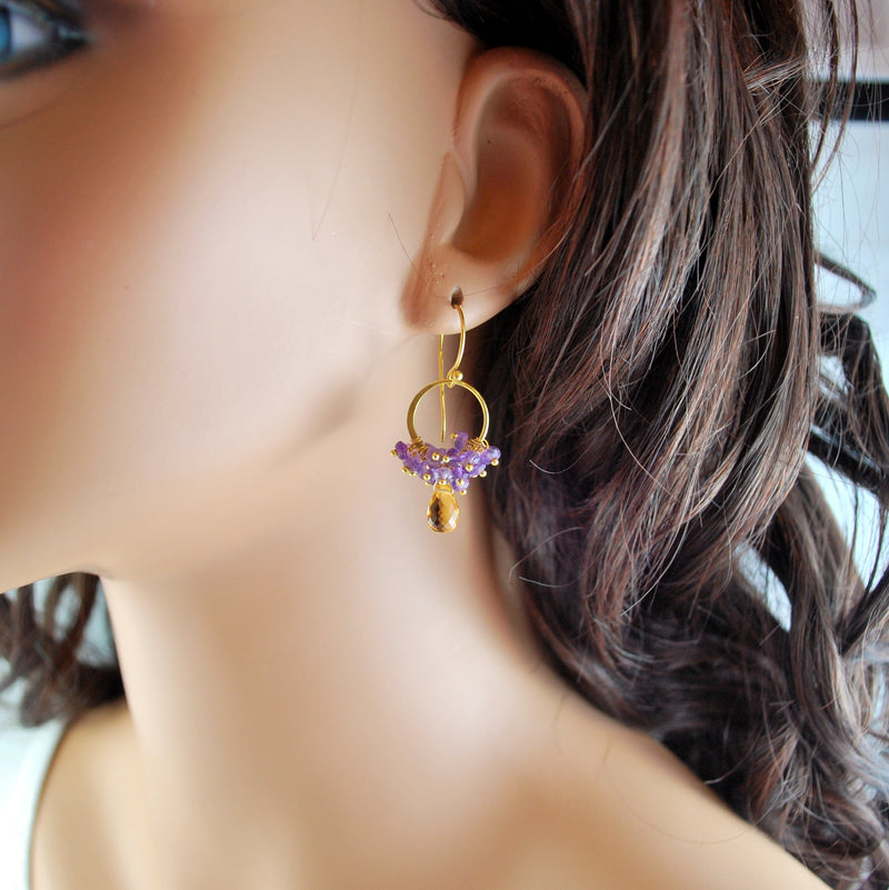 Citrine Earrings in Gold with Amethyst Clusters