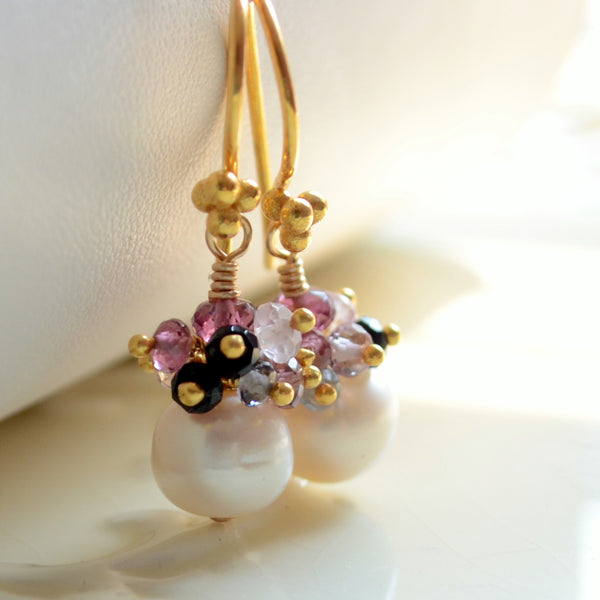 White Pearl Earrings with Spinel Gemstone Clusters