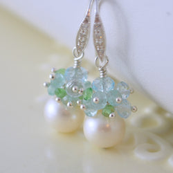 Pearl Bridal Earrings with Aquamarine and Blue Topaz - Shimmer