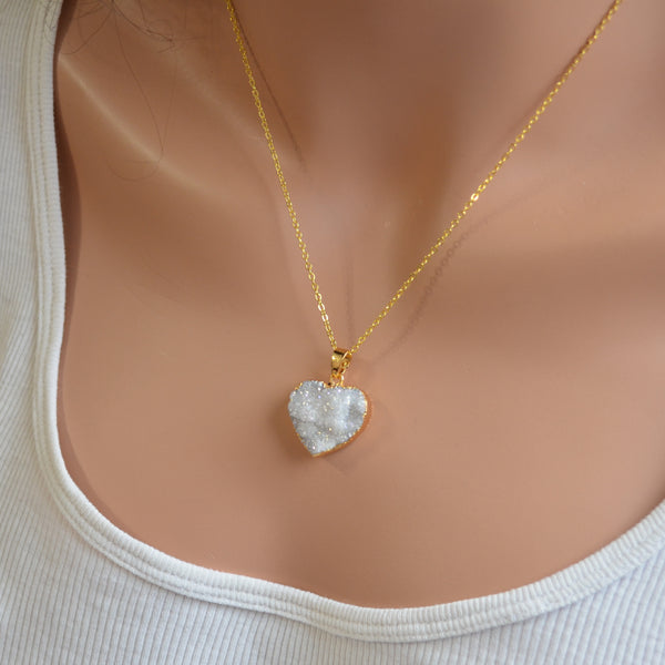 Druzy Heart Necklace in Gold for Valentine's Day