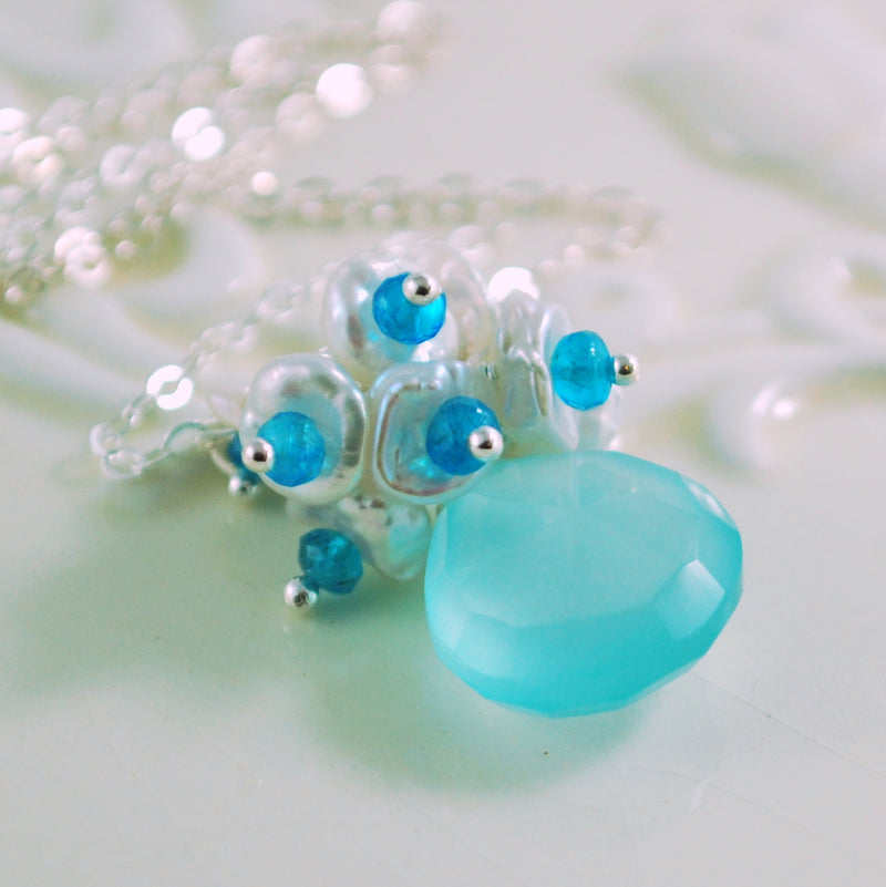 Aqua Chalcedony Necklace with Keishi Pearls - Dewdrop