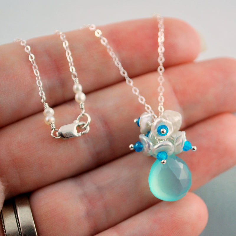 Aqua Chalcedony Necklace with Keishi Pearls - Dewdrop