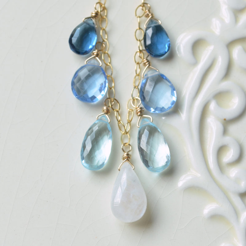 Blue Topaz and Moonstone Necklace in Gold with Quartz