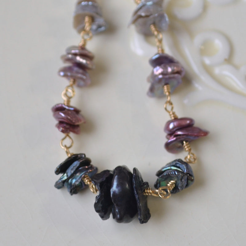 Keishi Pearl Necklace in Gold with Black and Lavender Pearls