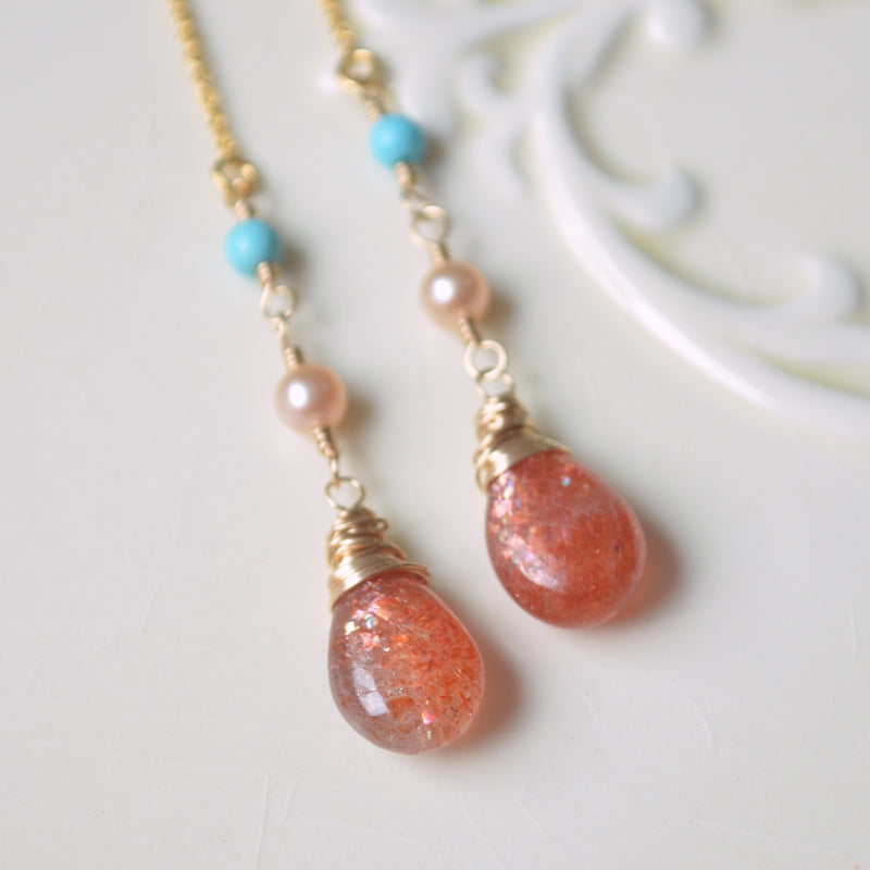 Sunstone Threader Earrings with Peach Pearls and Turquoise