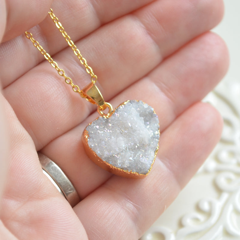 Druzy Heart Necklace in Gold for Valentine's Day