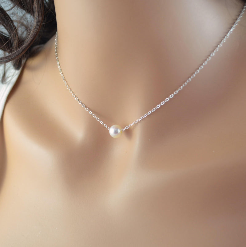 Floating Pearl Choker Necklace in Sterling Silver