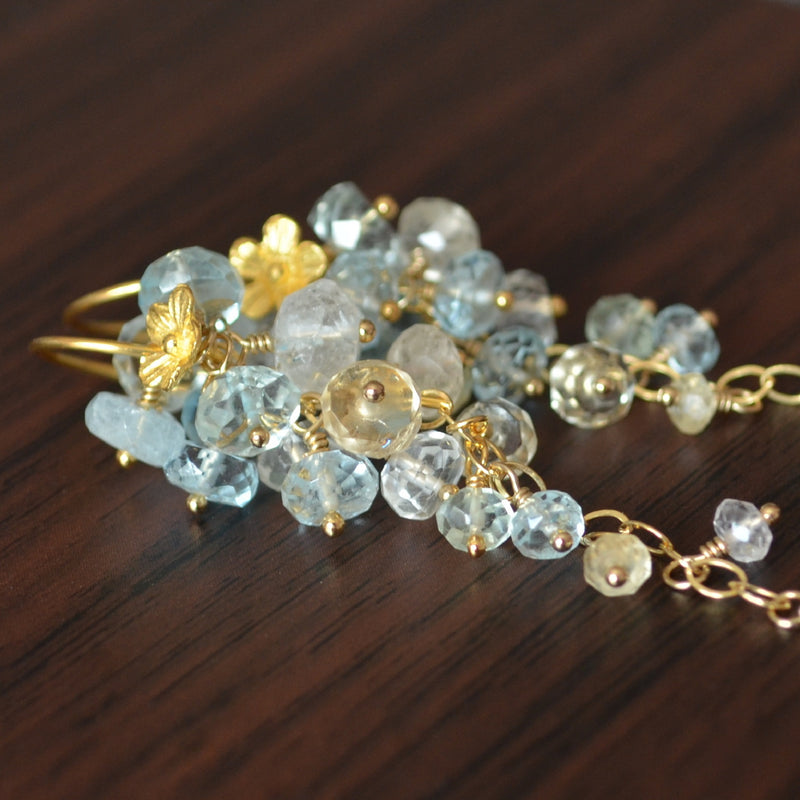 Long Aquamarine Cluster Earrings in Gold