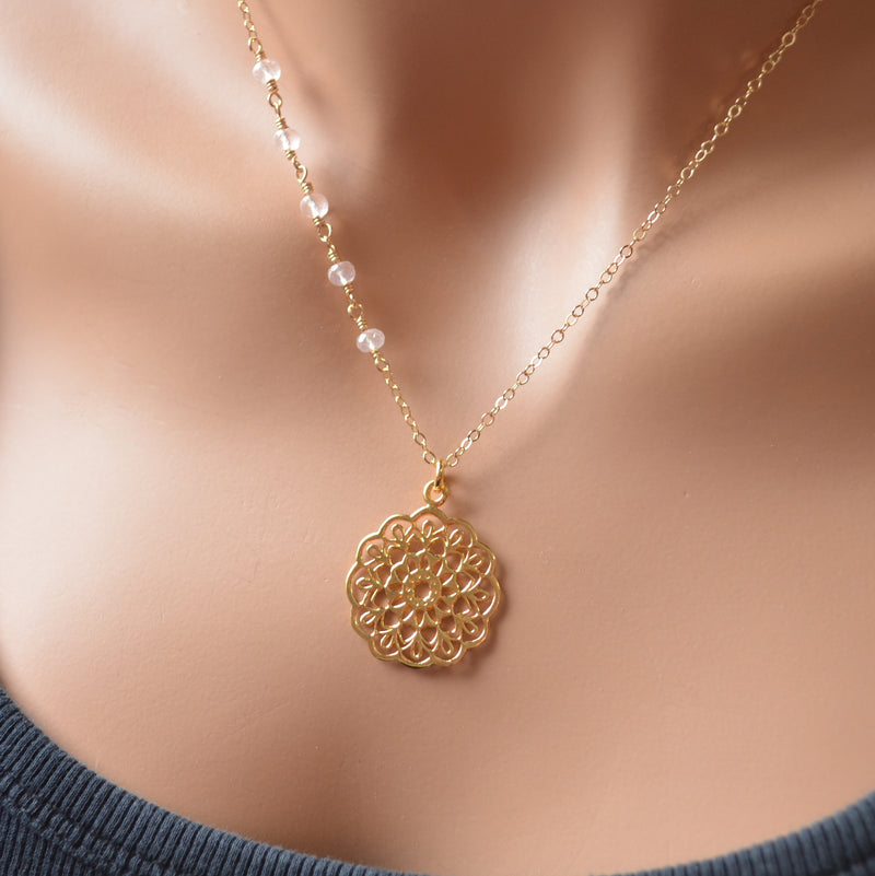 Rose Gold Mandala Necklace with Rose Quartz