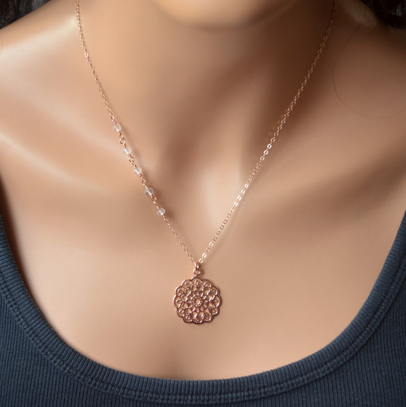 Rose Gold Mandala Necklace with Rose Quartz