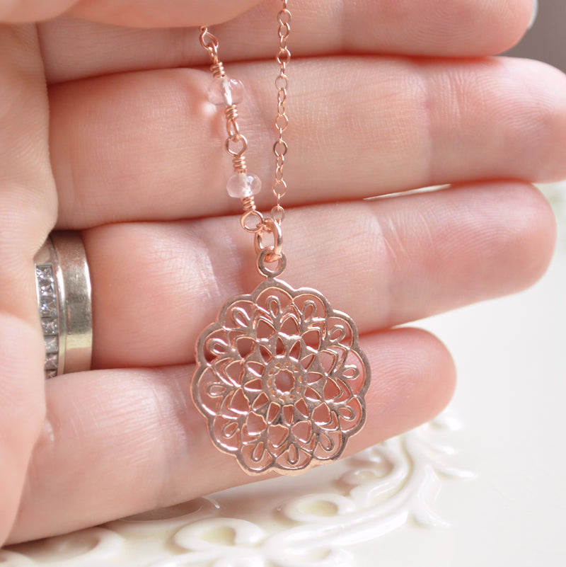 Rose Gold Mandala Necklace with Rose Quartz