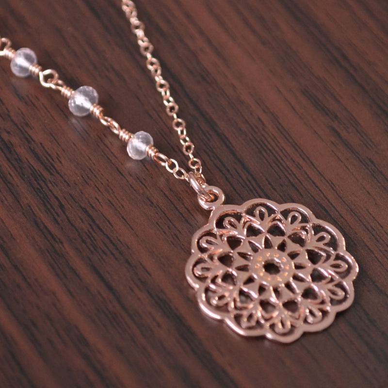 Rose Gold Mandala Necklace with Rose Quartz