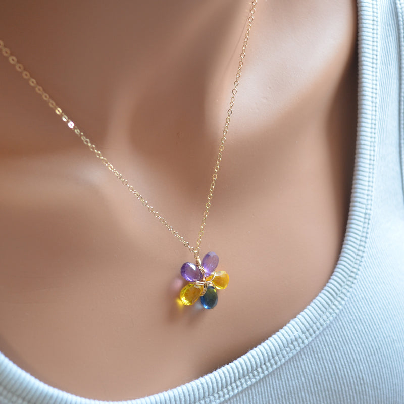 Amethyst Flower Necklace with Yellow and Navy Quartz