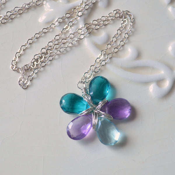 Teal Flower Necklace with Amethyst and Quartz