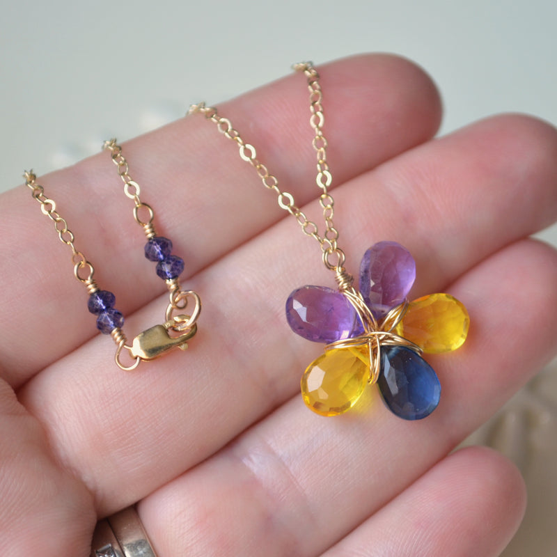 Amethyst Flower Necklace with Yellow and Navy Quartz