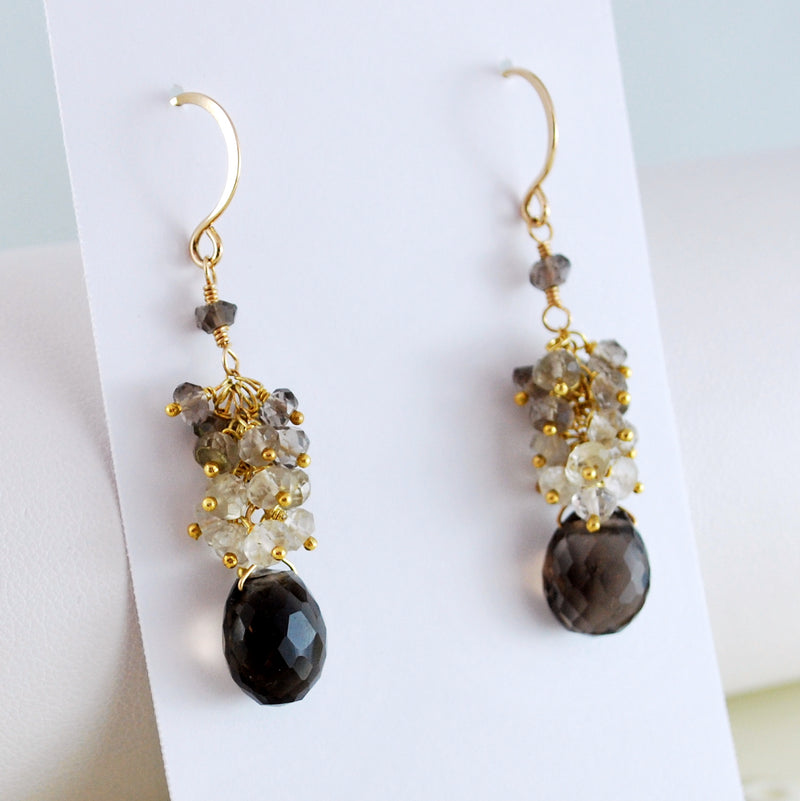 Long Smoky Quartz Cluster Earrings in Gold or Silver