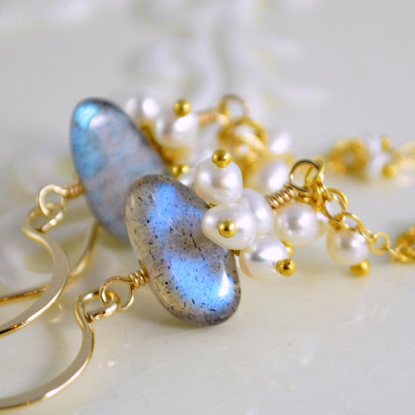 Labradorite Earrings with Tiny White Freshwater Pearls