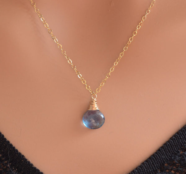 Aqua Fluorite Necklace Wrapped in Gold