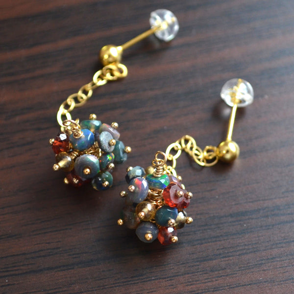 Black Opal Cluster Earrings in Gold