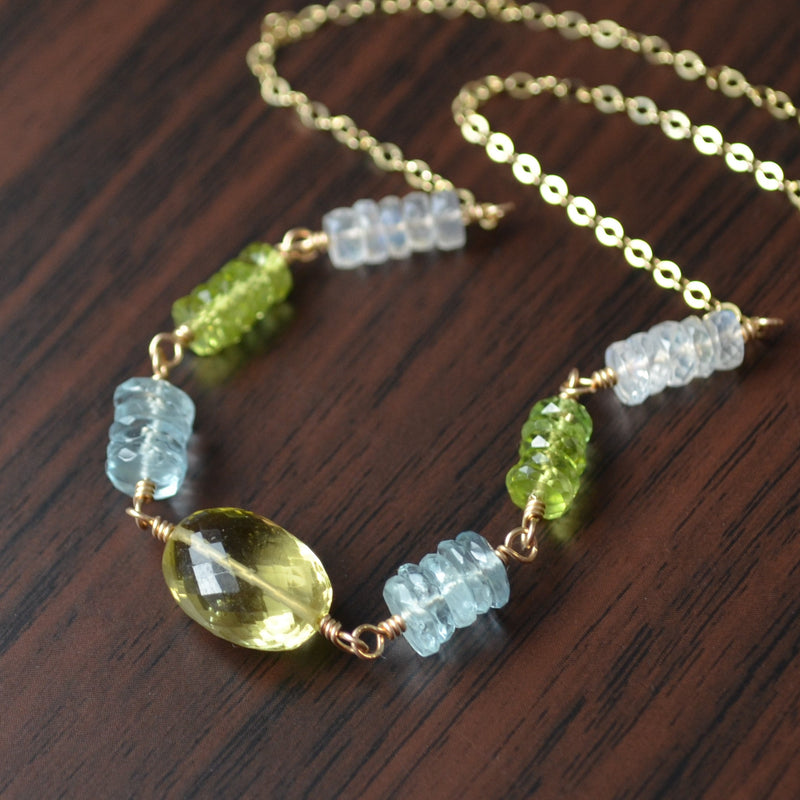Gemstone Choker Necklace with Lemon Quartz Peridot Aquamarine and Moonstone
