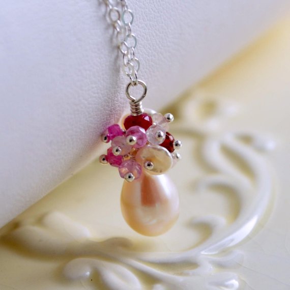 Pearl Bridal Necklace with Rubies - Pearl Blush