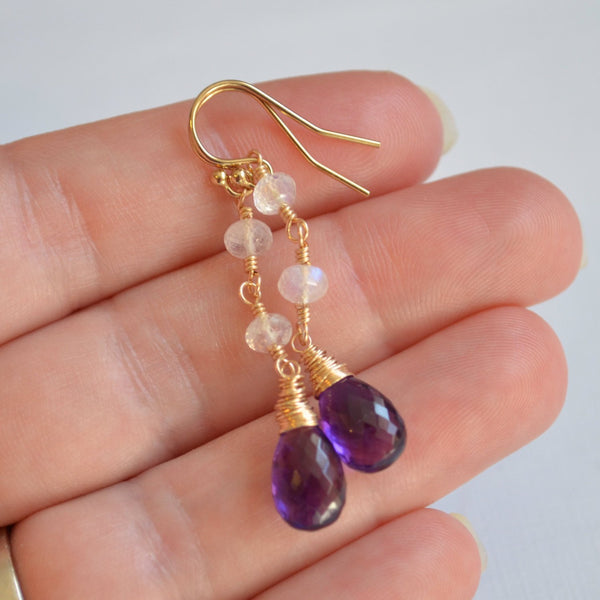 Rainbow Moonstone and Amethyst Earrings