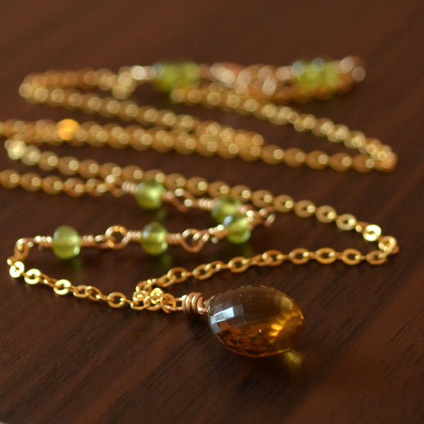 Gemstone Necklace, Beer Quartz, and Olive Green Vesuvianite