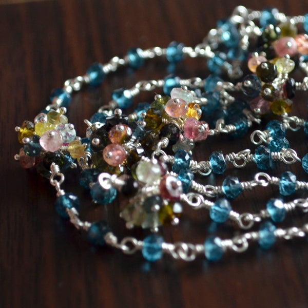 Long Gemstone Necklace with  Real Tourmaline and Teal London Blue Topaz