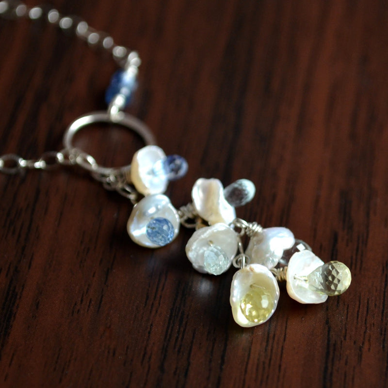 Sterling Silver Lariat Necklace with White Keishi Pearl