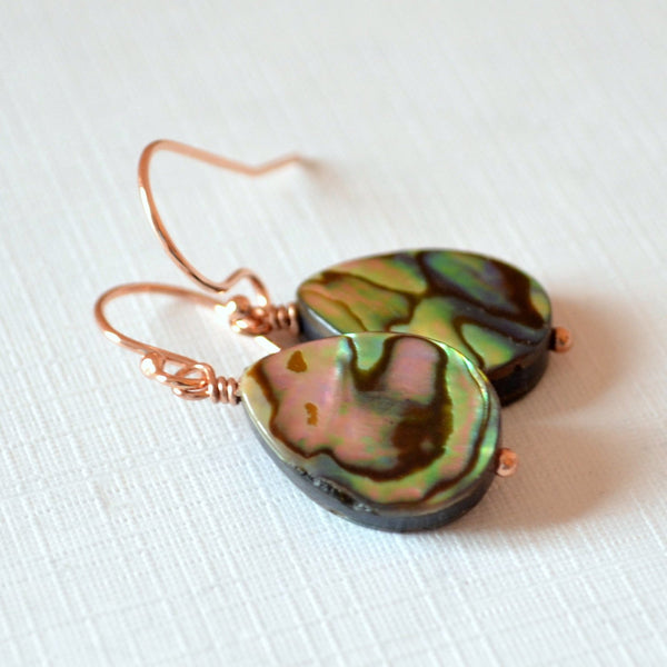 Abalone Earrings, Rose Gold Filled with Paua Shell