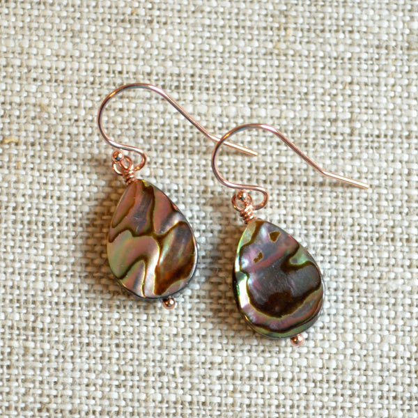 Abalone Earrings, Rose Gold Filled with Paua Shell