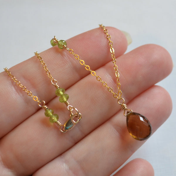 Gemstone Necklace, Beer Quartz, and Olive Green Vesuvianite