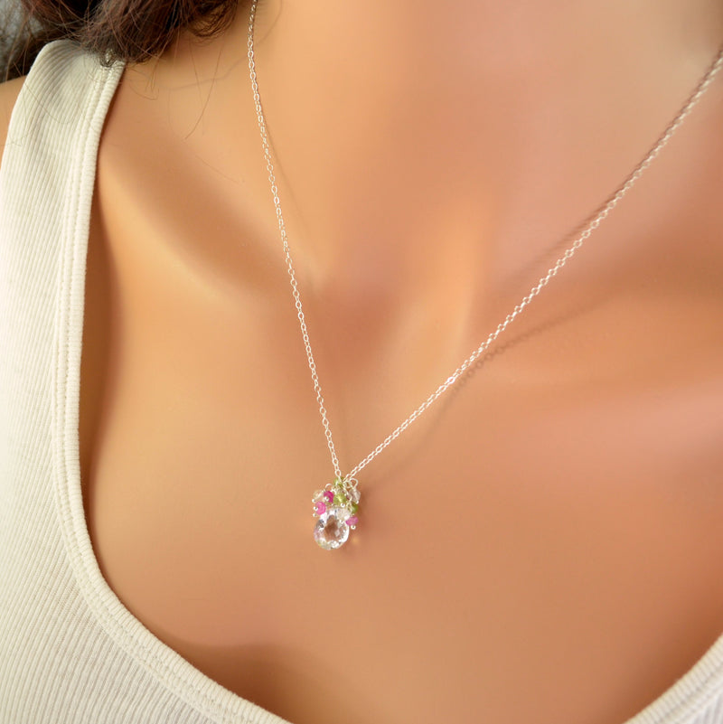 Spring Bridal Necklace with Crystal Quartz Peridot and Pink Sapphire - Spring Thaw
