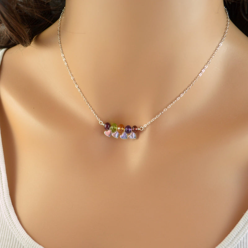 Family Necklace in Sterling Silver with Real Gemstones