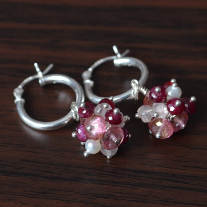 Valentine's Day Earrings with Pink Topaz and Ruby Clusters