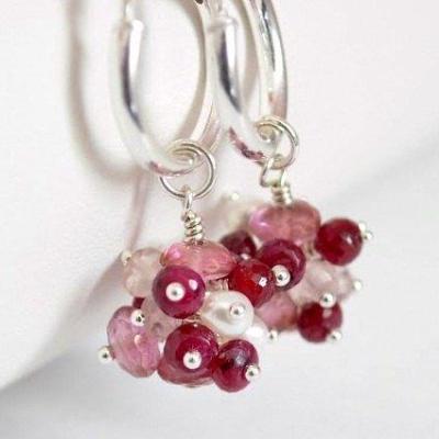 Valentine's Day Earrings with Pink Topaz and Ruby Clusters