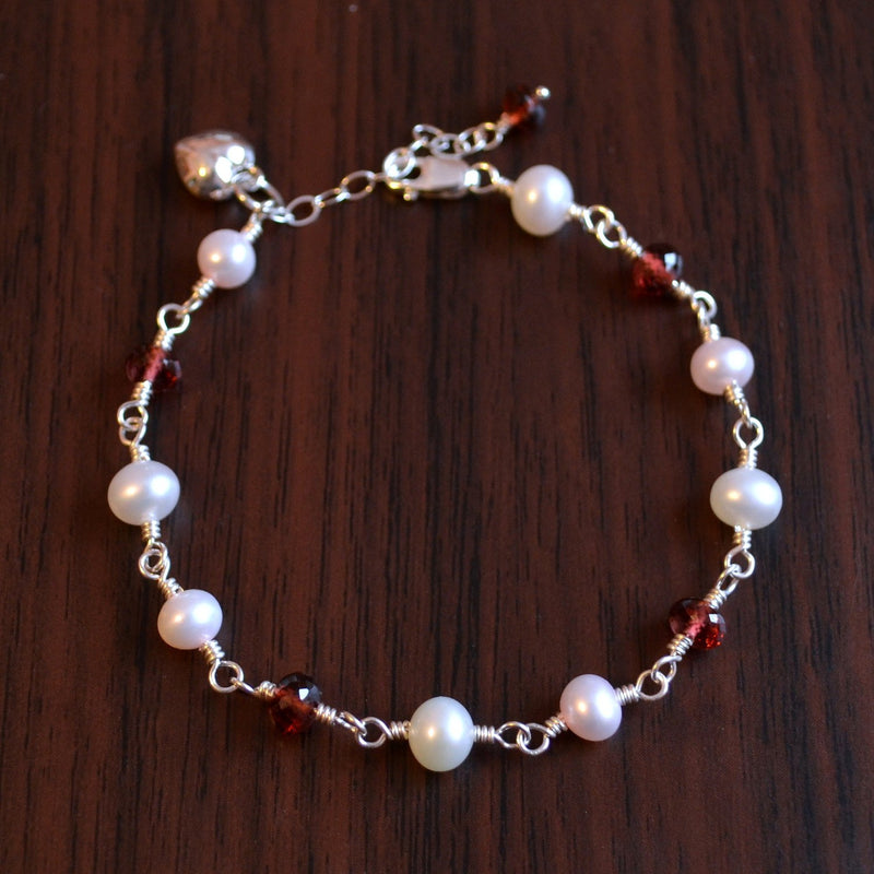 Valentines Day Bracelet for Girls with Pearls and Garnets
