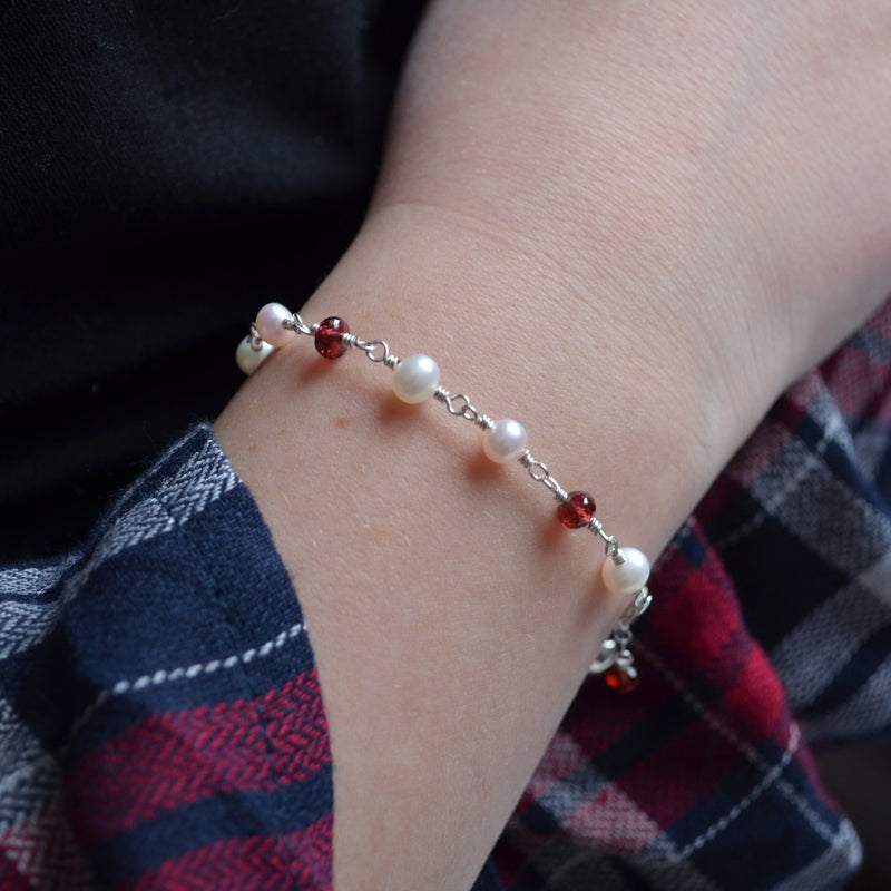Valentines Day Bracelet for Girls with Pearls and Garnets
