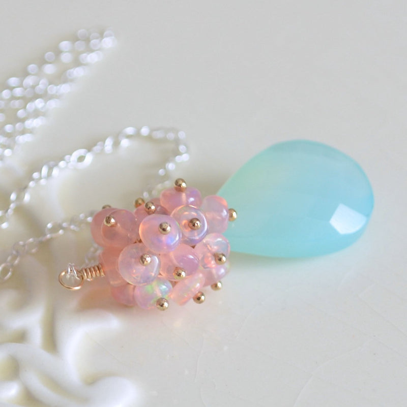 Pink Opal Necklace with Large Aqua Chalcedony
