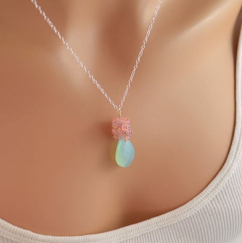 Pink Opal Necklace with Large Aqua Chalcedony