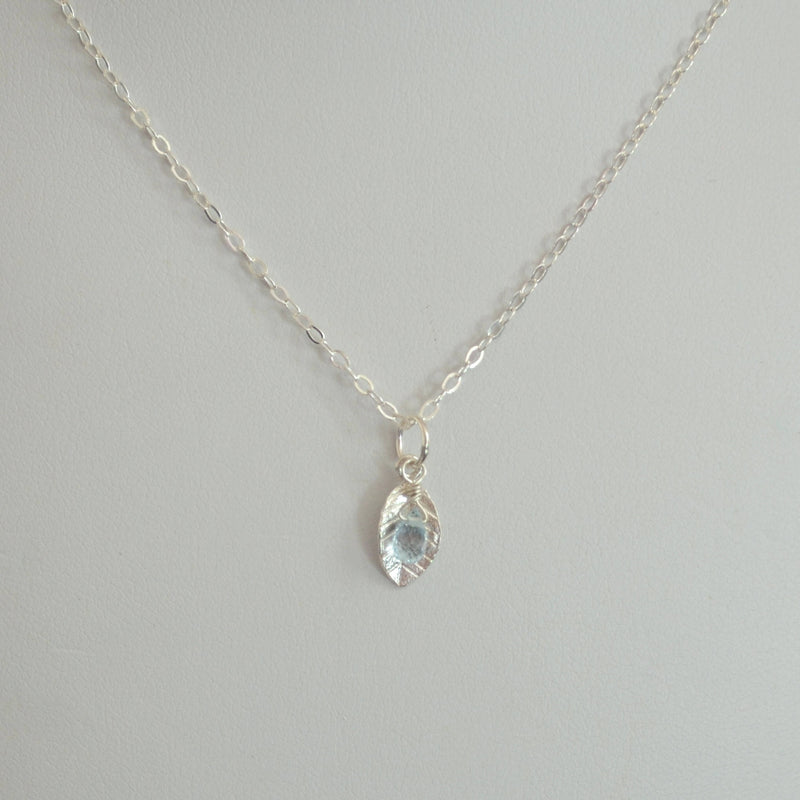 Leaf Necklace with Tiny Aquamarine